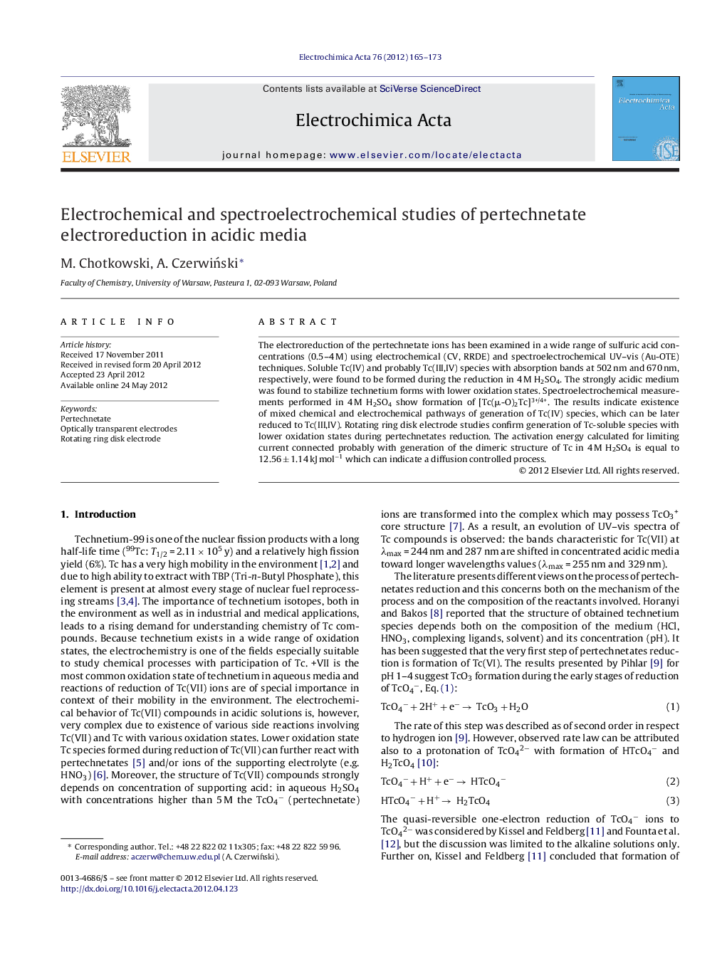 Electrochemical and spectroelectrochemical studies of pertechnetate electroreduction in acidic media