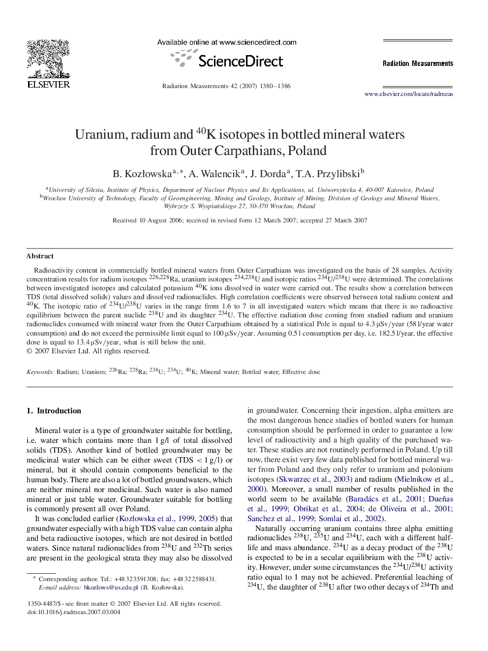 Uranium, radium and 40K isotopes in bottled mineral waters from Outer Carpathians, Poland