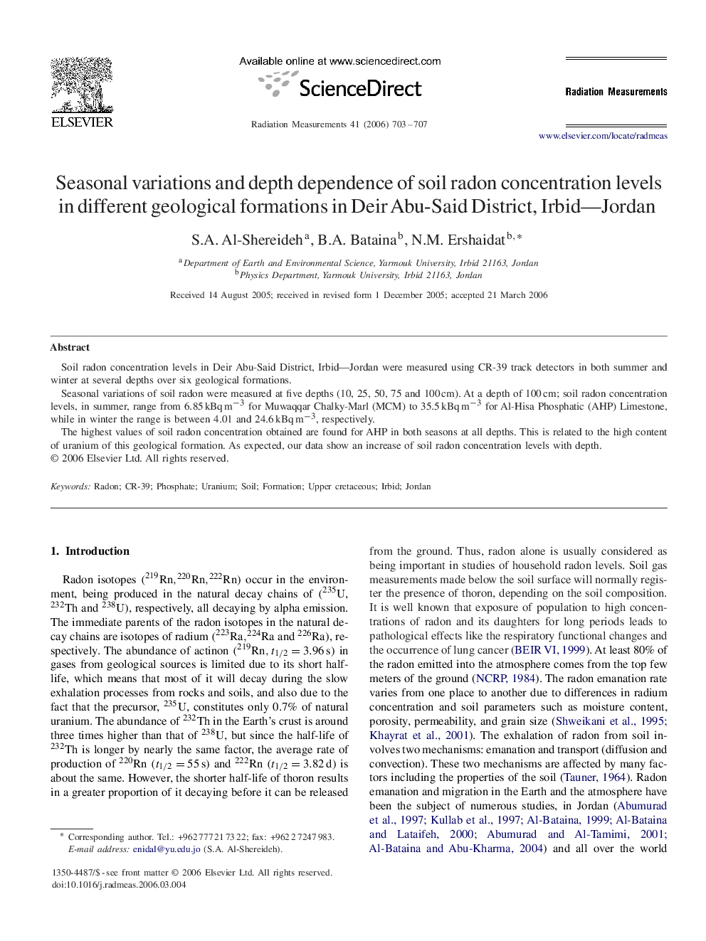 Seasonal variations and depth dependence of soil radon concentration levels in different geological formations in Deir Abu-Said District, Irbid—Jordan