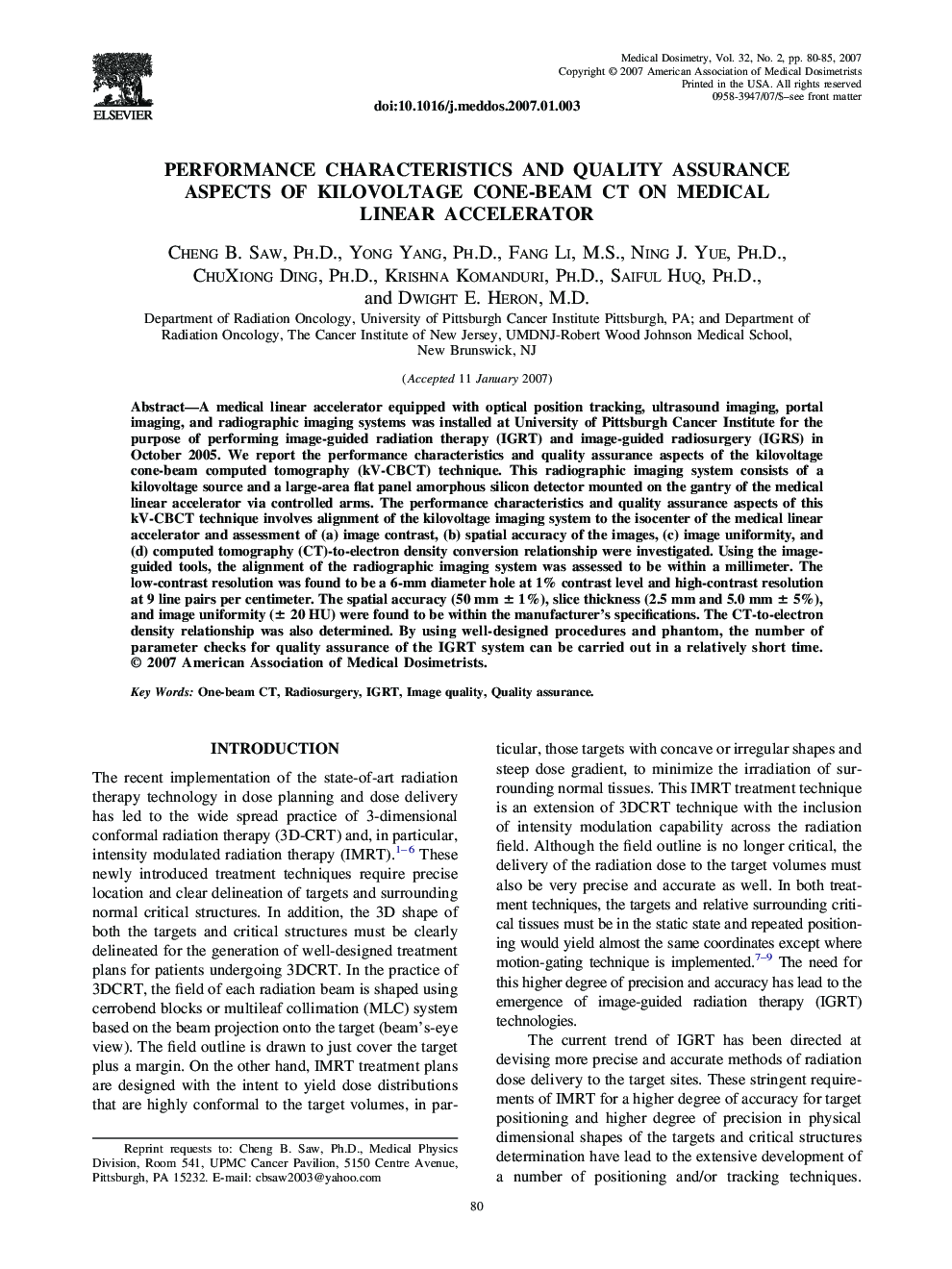 Performance Characteristics and Quality Assurance Aspects of Kilovoltage Cone-Beam CT on Medical Linear Accelerator