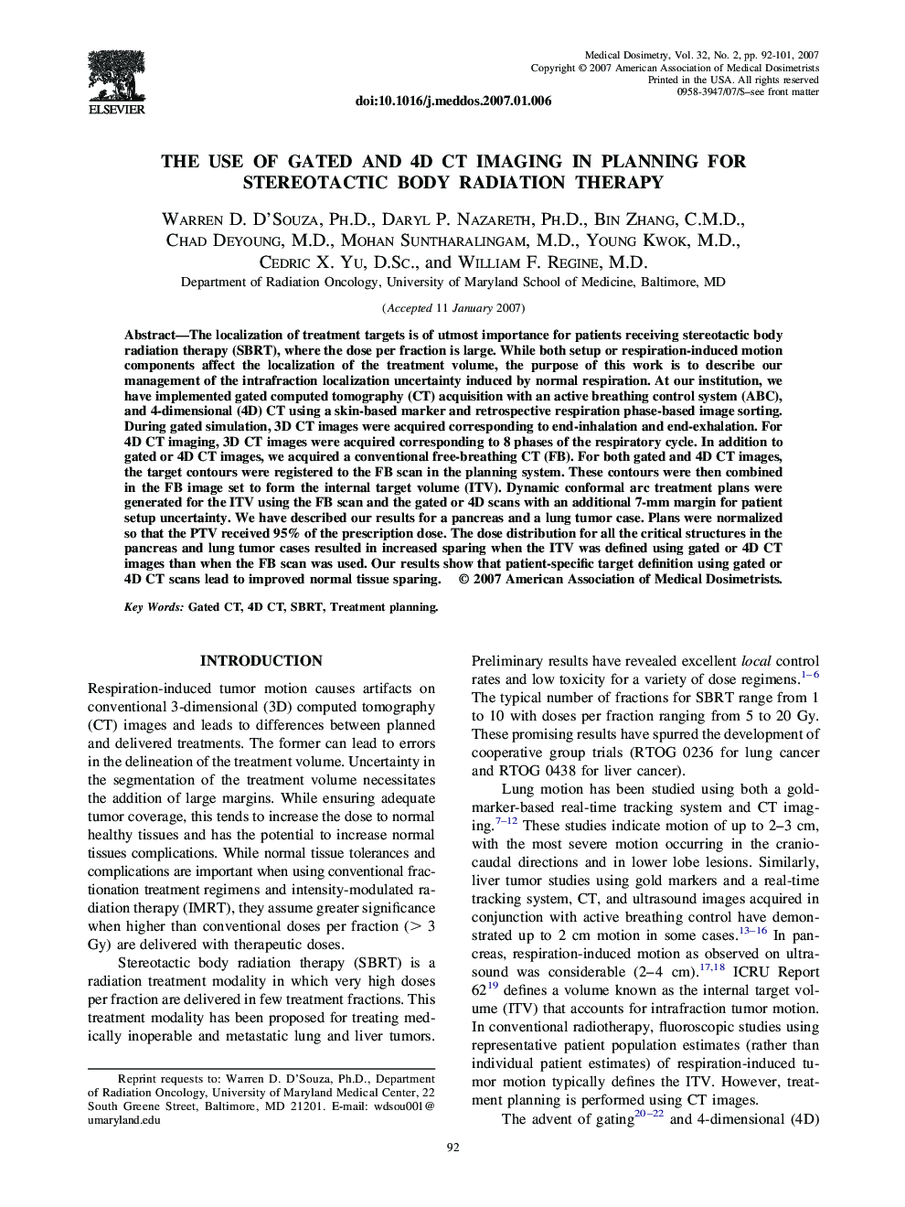 The Use of Gated and 4D CT Imaging in Planning for Stereotactic Body Radiation Therapy