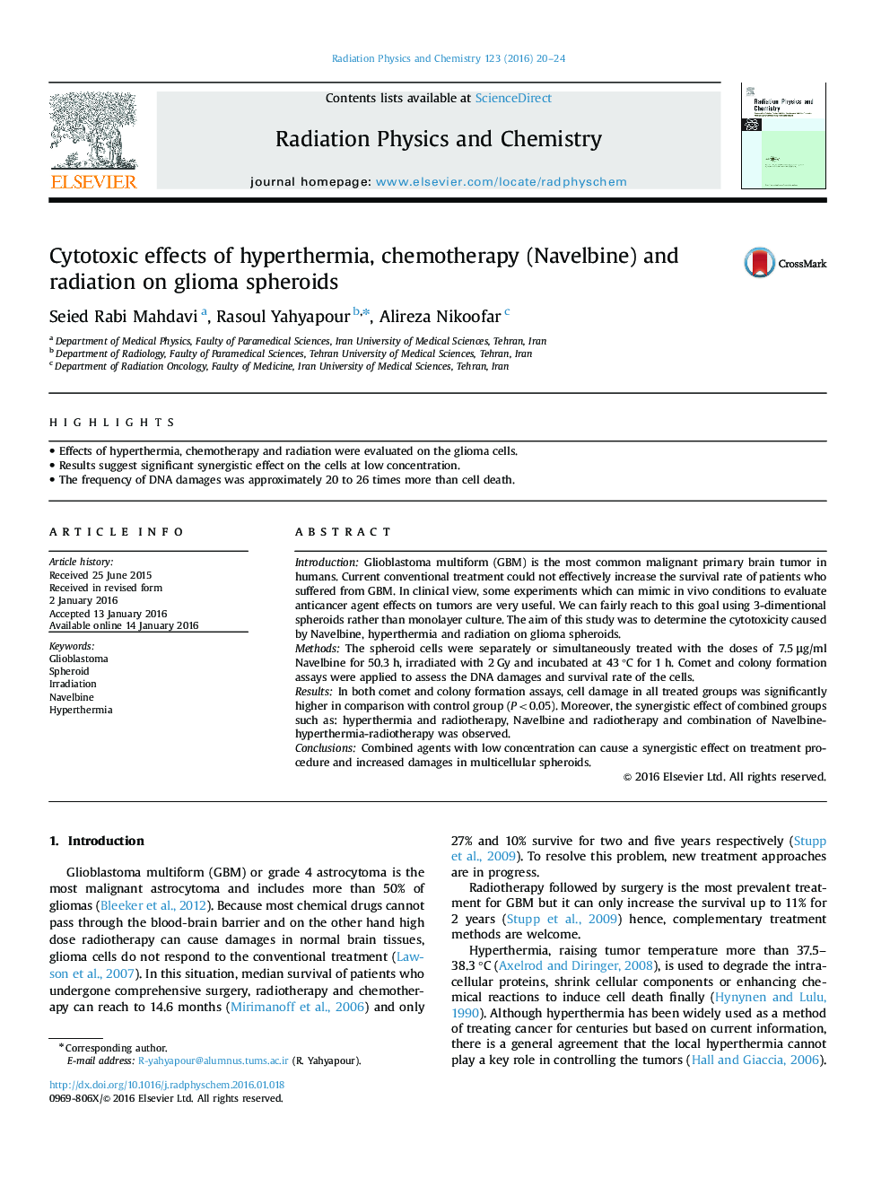 Cytotoxic effects of hyperthermia, chemotherapy (Navelbine) and radiation on glioma spheroids