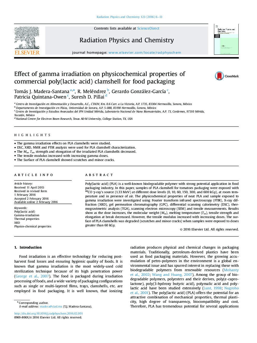 Effect of gamma irradiation on physicochemical properties of commercial poly(lactic acid) clamshell for food packaging