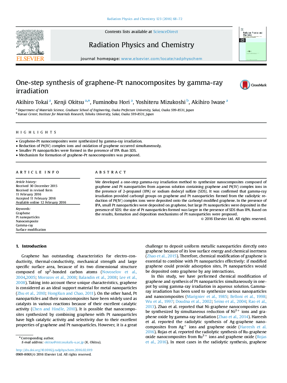 One-step synthesis of graphene-Pt nanocomposites by gamma-ray irradiation