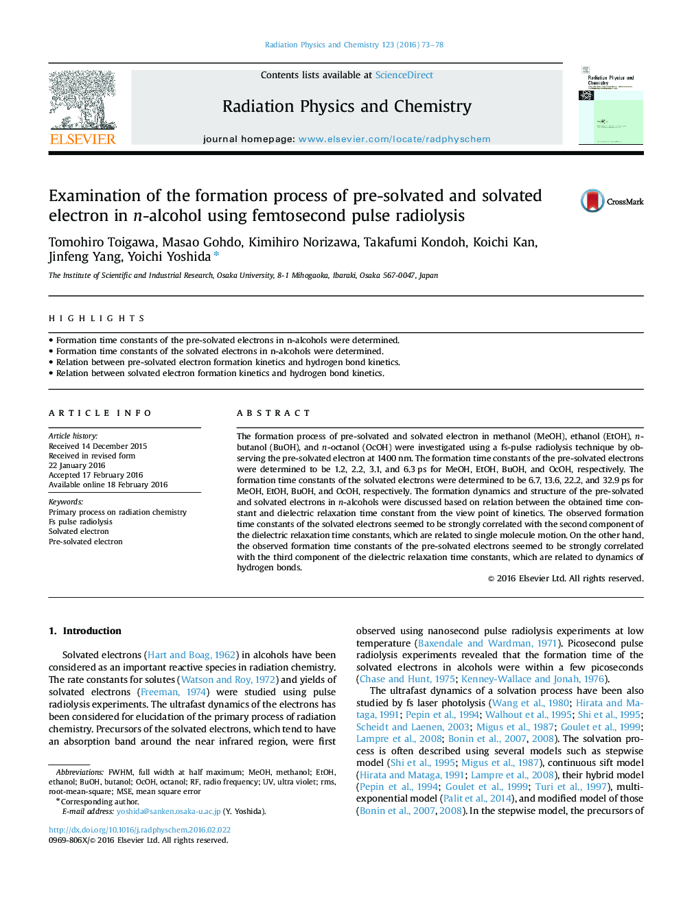 Examination of the formation process of pre-solvated and solvated electron in n-alcohol using femtosecond pulse radiolysis