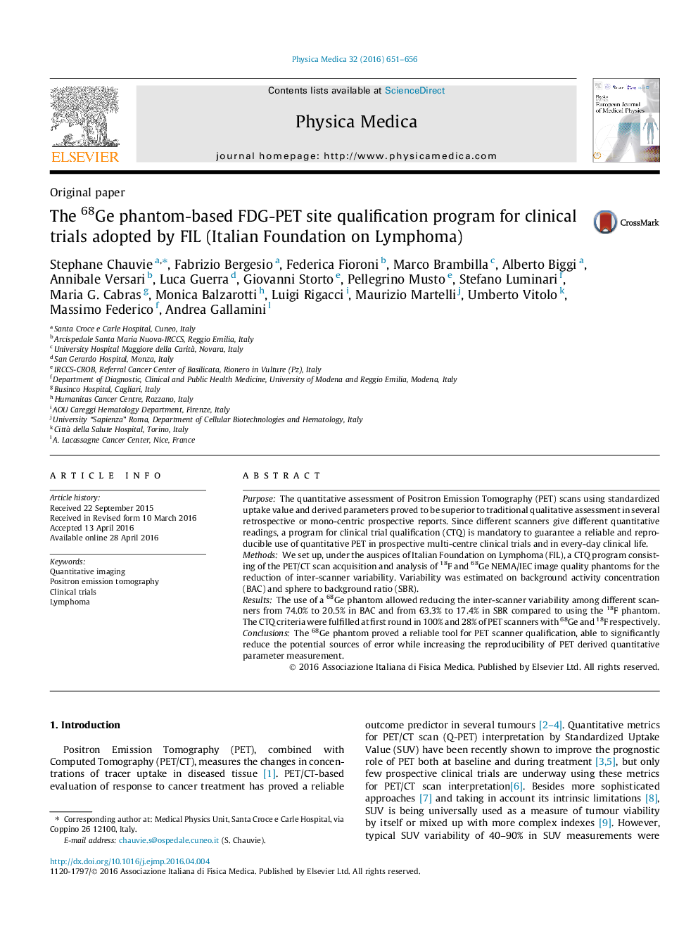 The 68Ge phantom-based FDG-PET site qualification program for clinical trials adopted by FIL (Italian Foundation on Lymphoma)