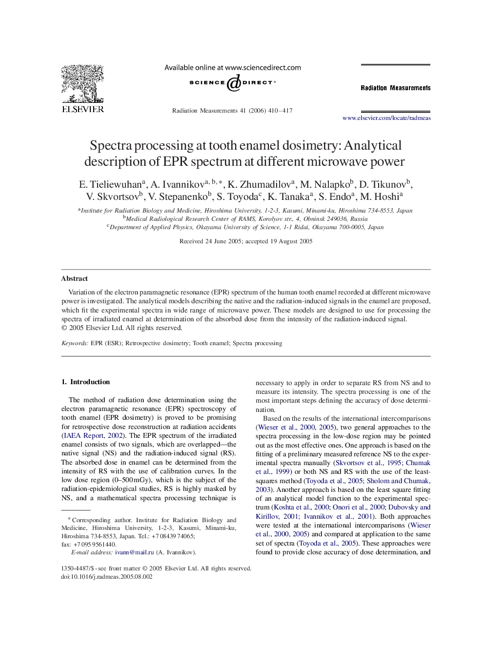 Spectra processing at tooth enamel dosimetry: Analytical description of EPR spectrum at different microwave power