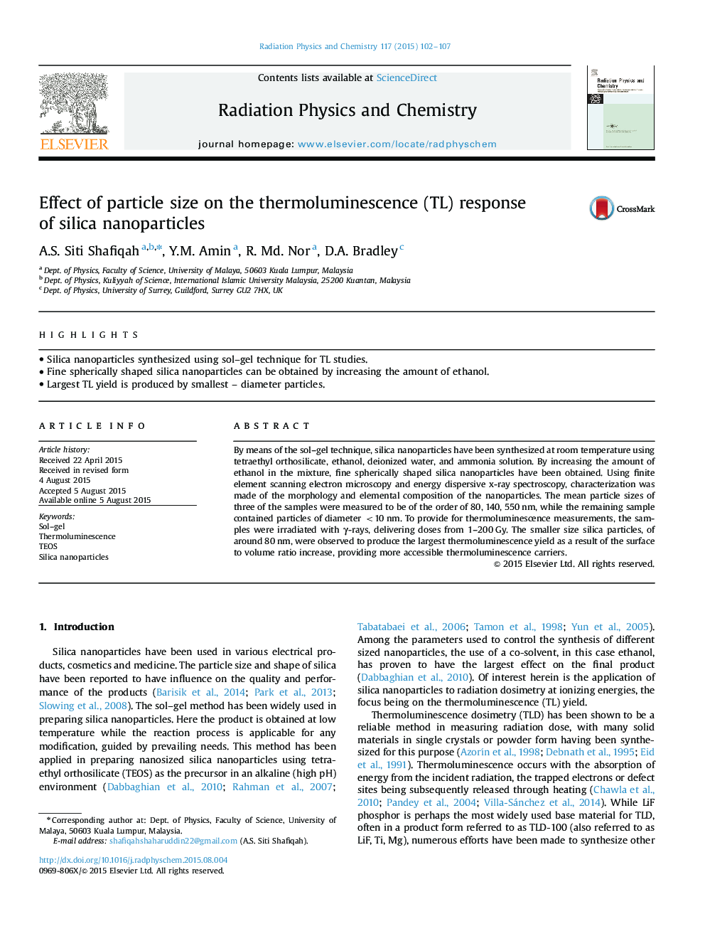 Effect of particle size on the thermoluminescence (TL) response of silica nanoparticles