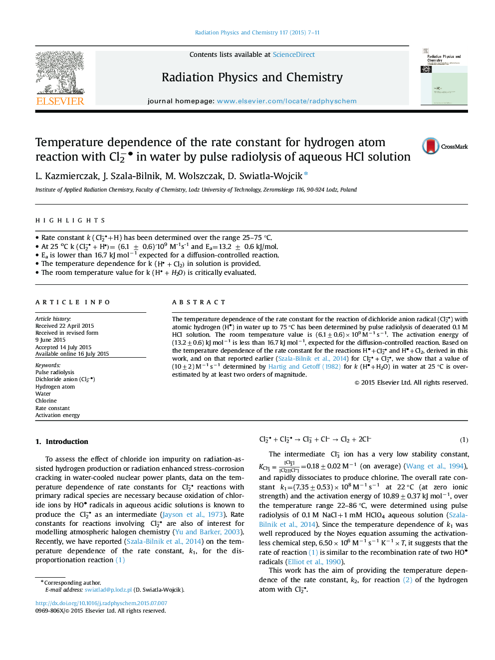 Temperature dependence of the rate constant for hydrogen atom reaction with Cl2−• in water by pulse radiolysis of aqueous HCl solution