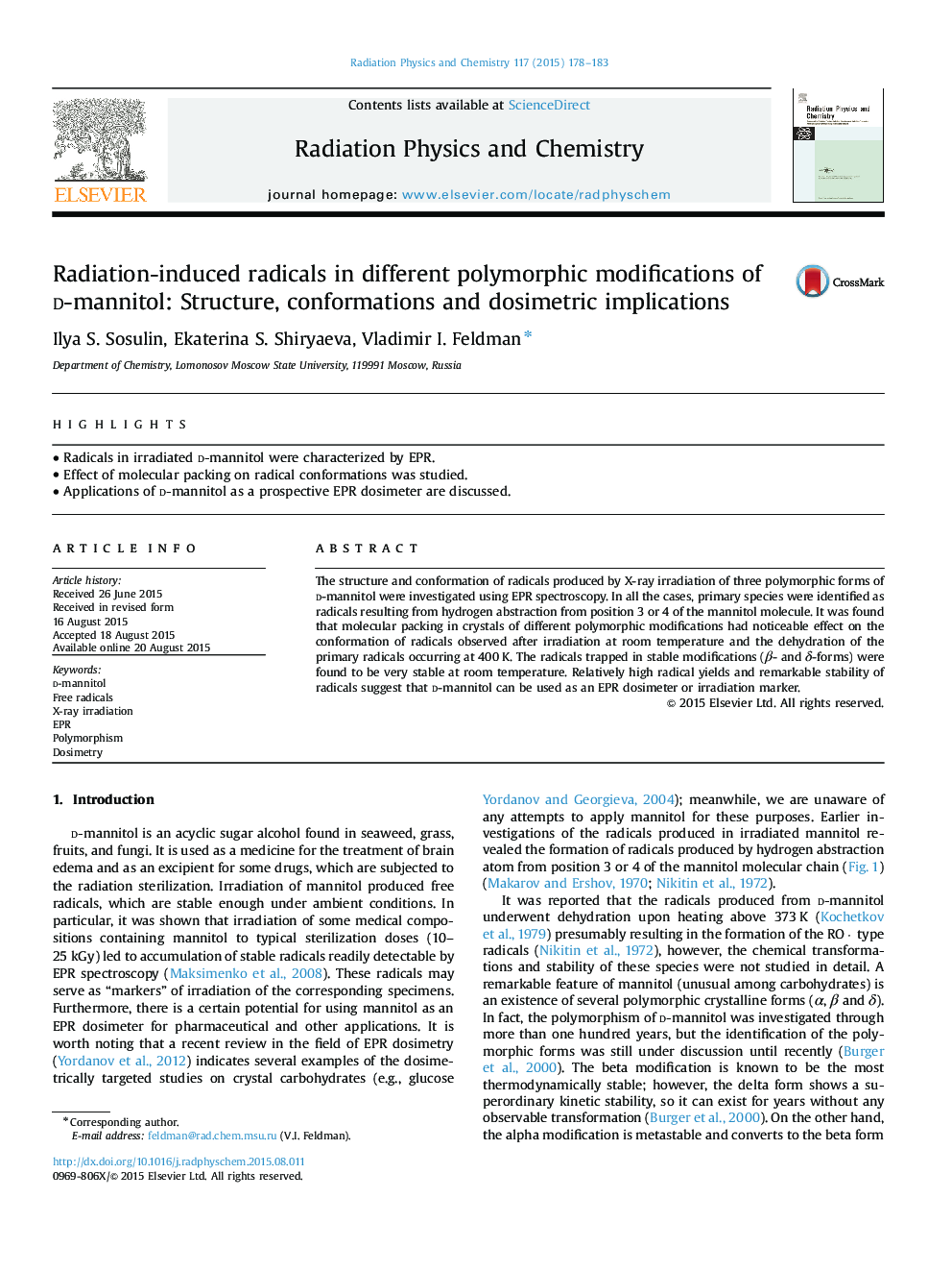 Radiation-induced radicals in different polymorphic modifications of d-mannitol: Structure, conformations and dosimetric implications