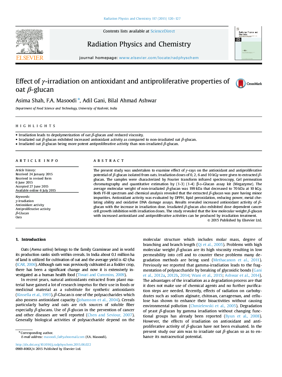 Effect of γ-irradiation on antioxidant and antiproliferative properties of oat β-glucan