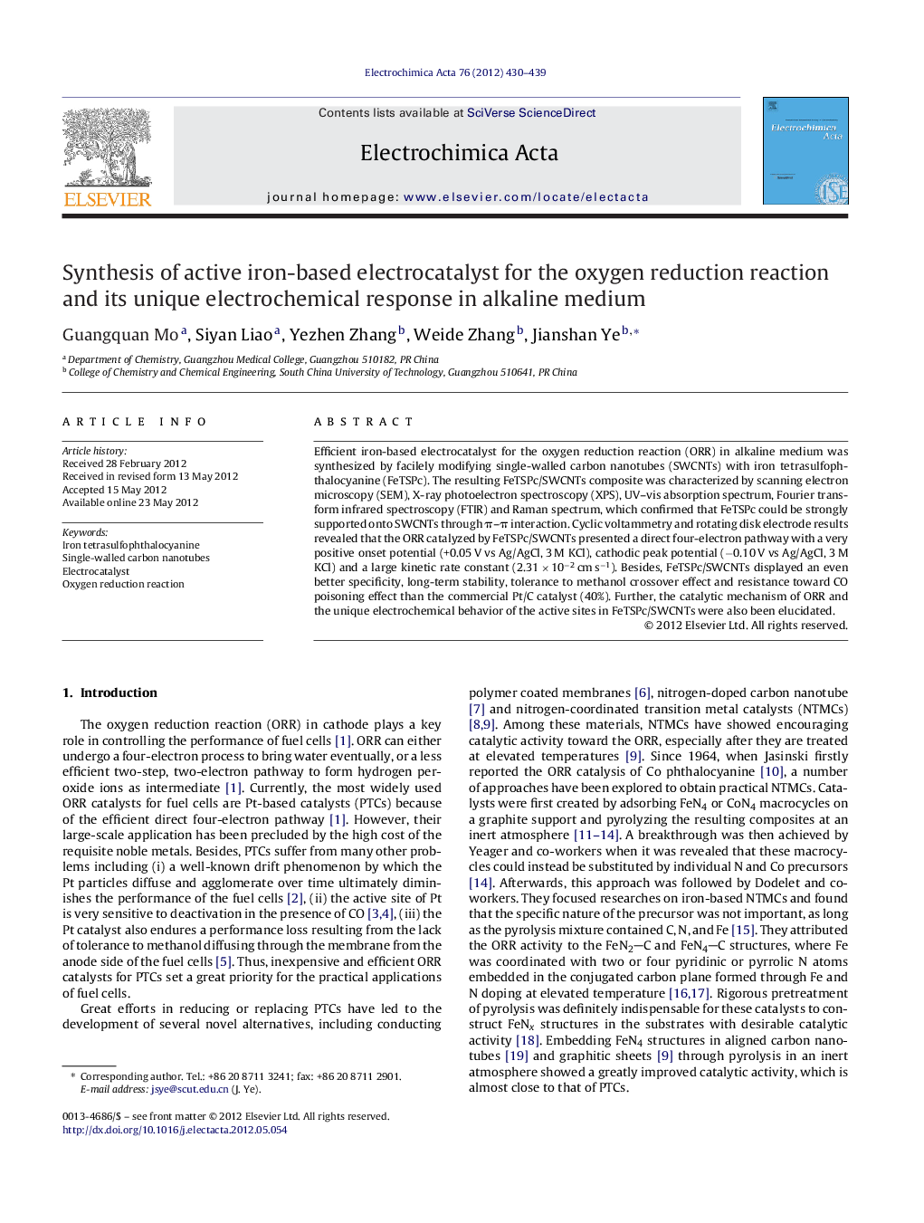 Synthesis of active iron-based electrocatalyst for the oxygen reduction reaction and its unique electrochemical response in alkaline medium