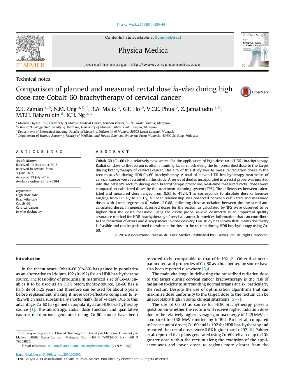 Comparison of planned and measured rectal dose in-vivo during high dose rate Cobalt-60 brachytherapy of cervical cancer