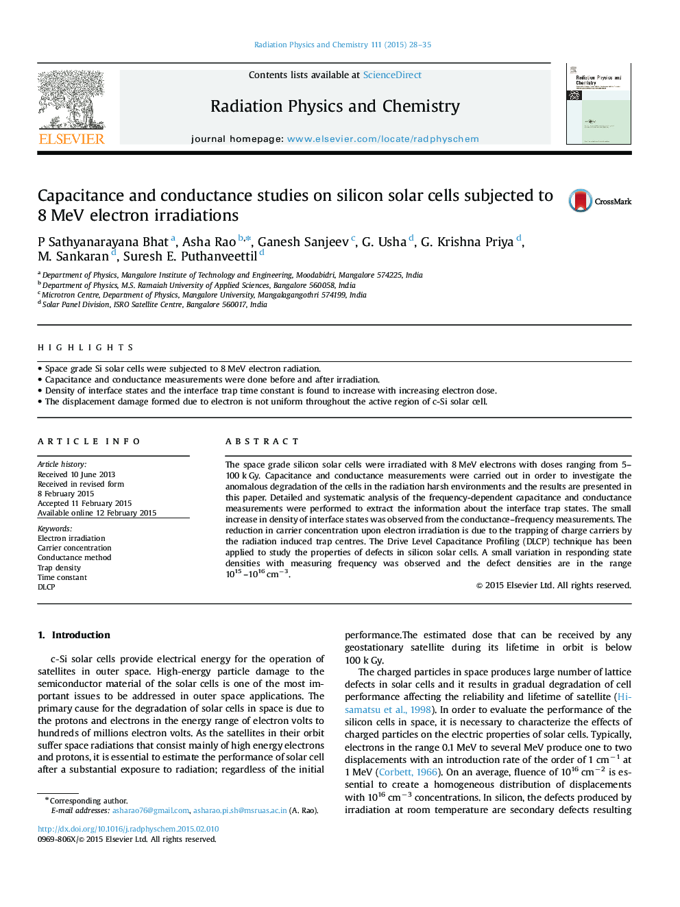 Capacitance and conductance studies on silicon solar cells subjected to 8 MeV electron irradiations