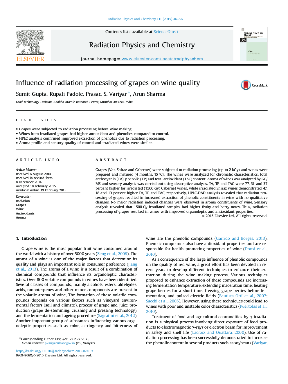 Influence of radiation processing of grapes on wine quality