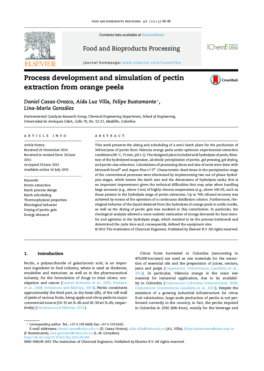 Process development and simulation of pectin extraction from orange peels