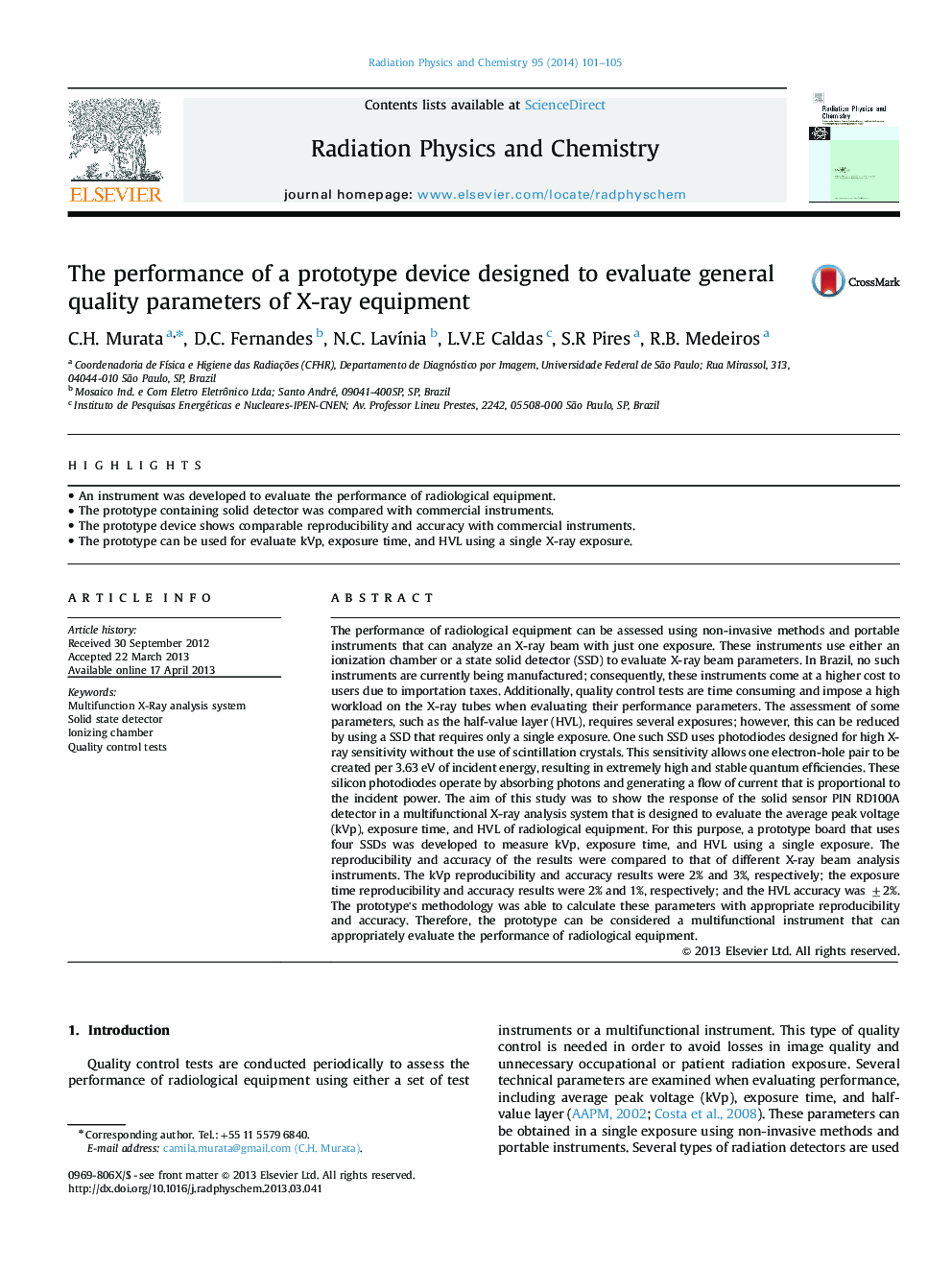 The performance of a prototype device designed to evaluate general quality parameters of X-ray equipment