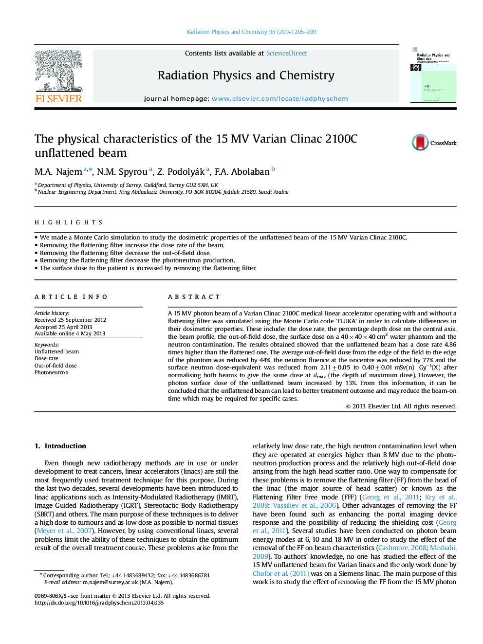 The physical characteristics of the 15 MV Varian Clinac 2100C unflattened beam