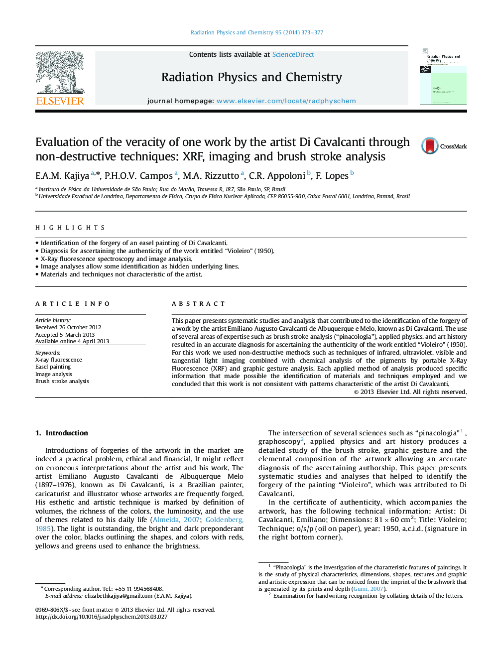 Evaluation of the veracity of one work by the artist Di Cavalcanti through non-destructive techniques: XRF, imaging and brush stroke analysis