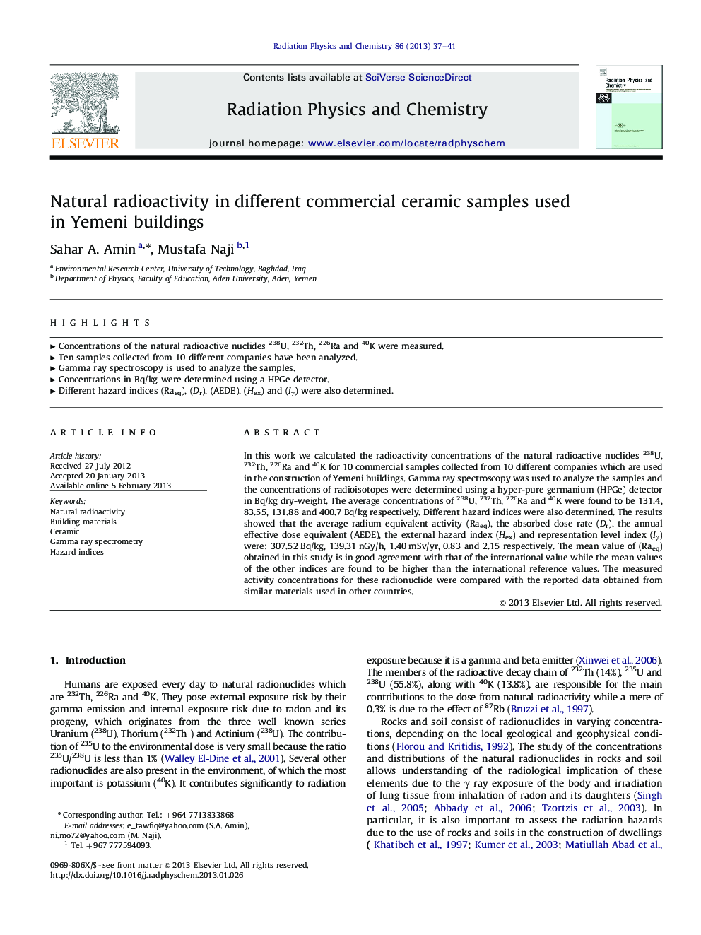 Natural radioactivity in different commercial ceramic samples used in Yemeni buildings