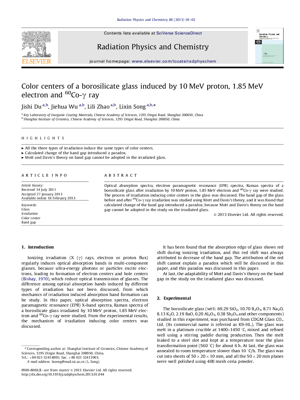 Color centers of a borosilicate glass induced by 10 MeV proton, 1.85 MeV electron and 60Co-γ ray