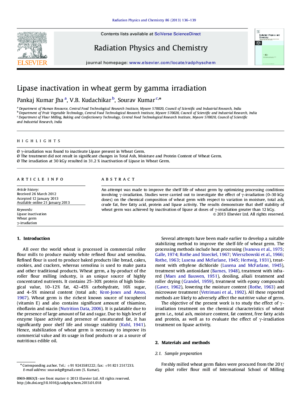 Lipase inactivation in wheat germ by gamma irradiation