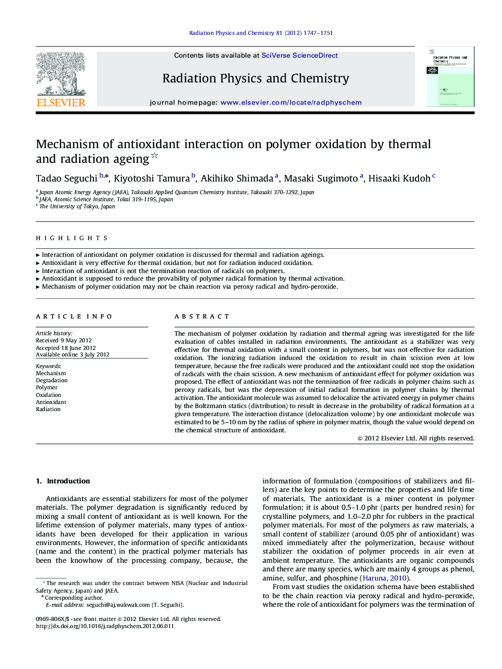 Mechanism of antioxidant interaction on polymer oxidation by thermal and radiation ageing 