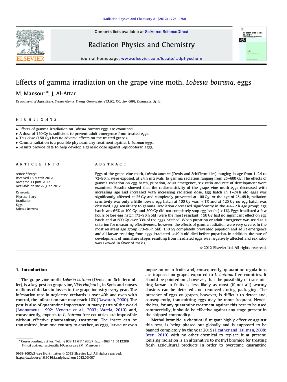 Effects of gamma irradiation on the grape vine moth, Lobesia botrana, eggs