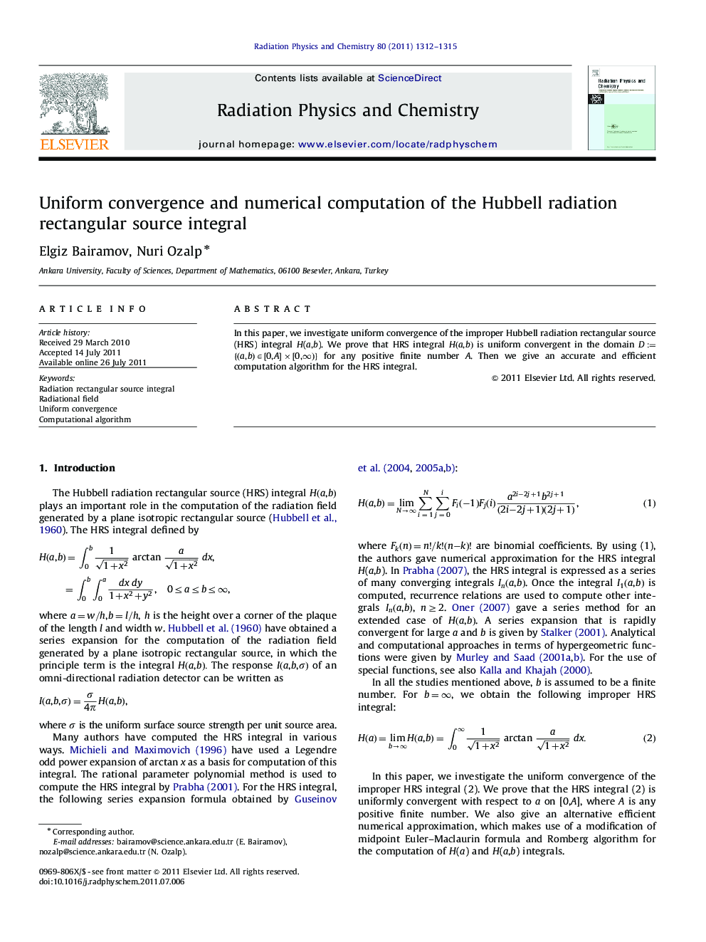 Uniform convergence and numerical computation of the Hubbell radiation rectangular source integral