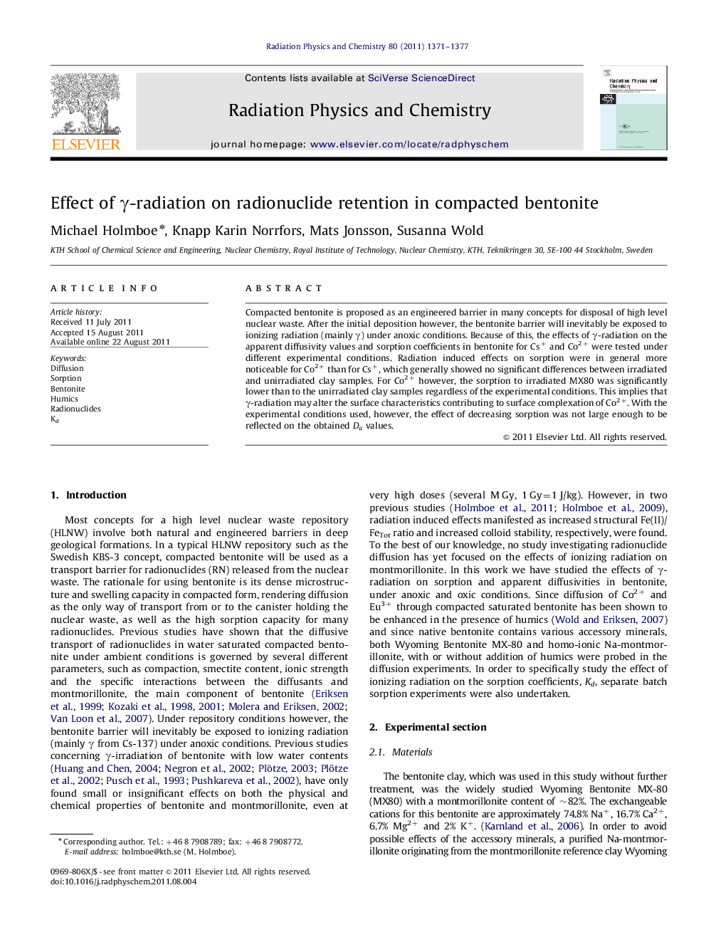 Effect of γ-radiation on radionuclide retention in compacted bentonite