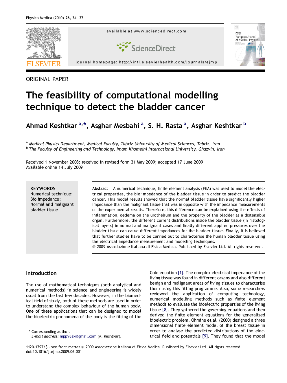 The feasibility of computational modelling technique to detect the bladder cancer