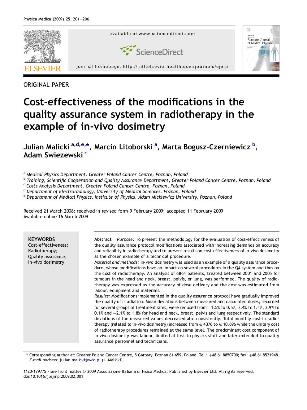 Cost-effectiveness of the modifications in the quality assurance system in radiotherapy in the example of in-vivo dosimetry