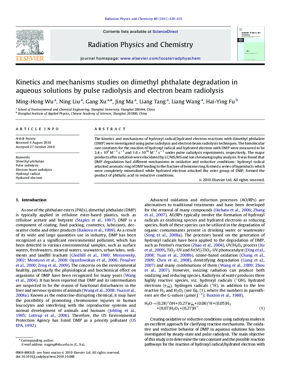 Kinetics and mechanisms studies on dimethyl phthalate degradation in aqueous solutions by pulse radiolysis and electron beam radiolysis