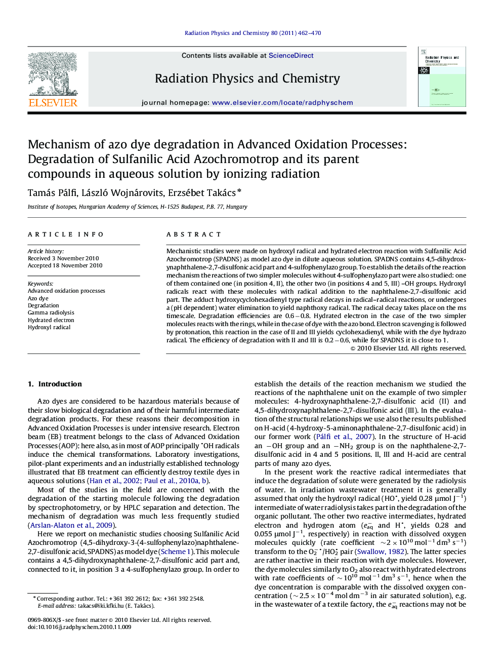 Mechanism of azo dye degradation in Advanced Oxidation Processes: Degradation of Sulfanilic Acid Azochromotrop and its parent compounds in aqueous solution by ionizing radiation