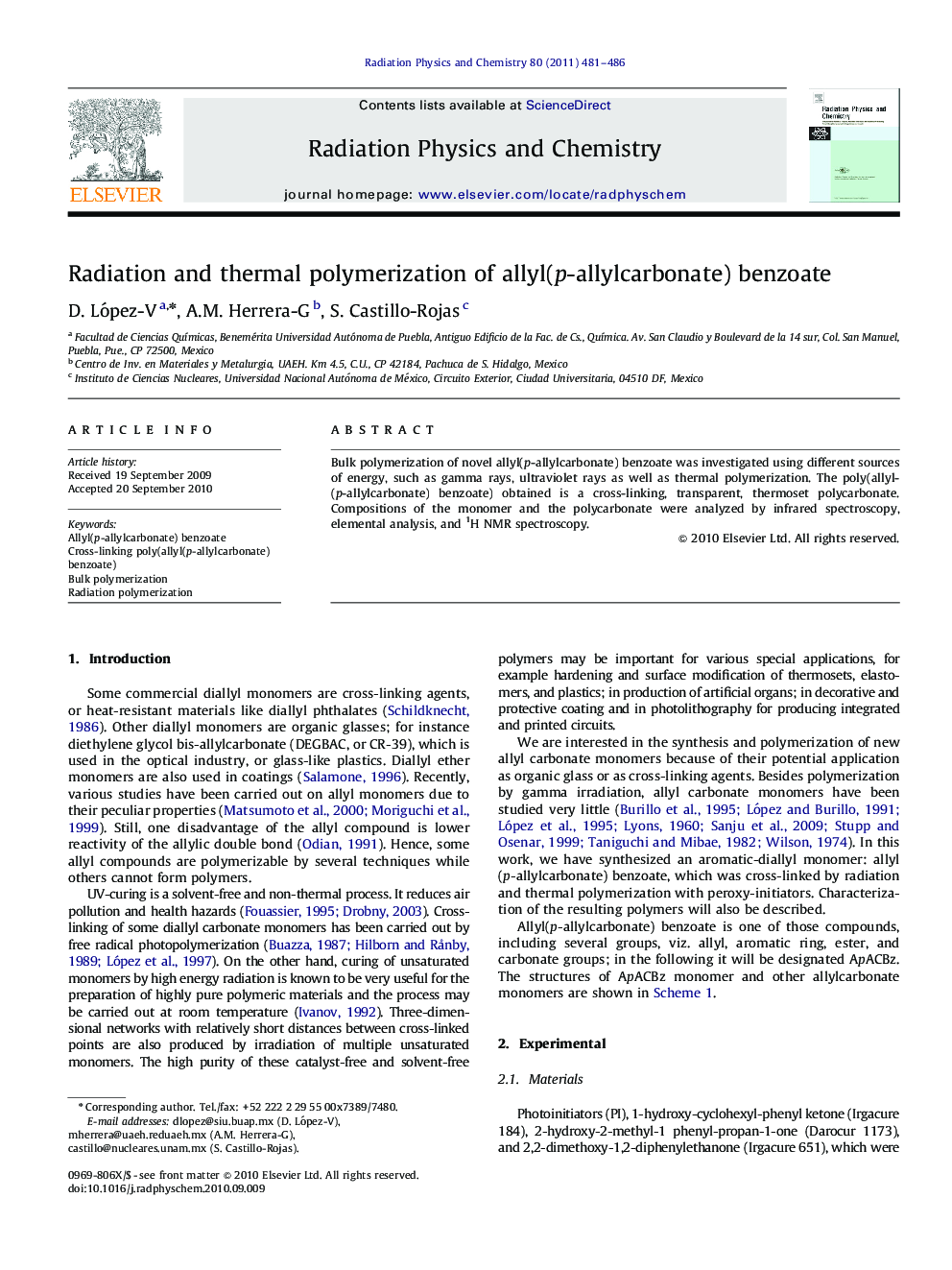 Radiation and thermal polymerization of allyl(p-allylcarbonate) benzoate