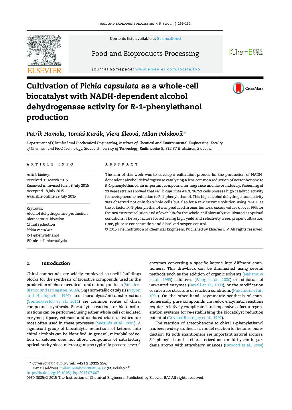 Cultivation of Pichia capsulata as a whole-cell biocatalyst with NADH-dependent alcohol dehydrogenase activity for R-1-phenylethanol production