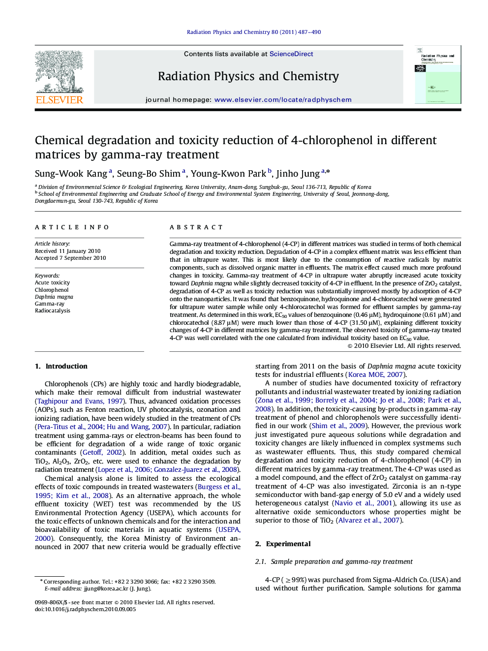 عکس صفحه اول مقاله: Chemical degradation and toxicity reduction of 4-chlorophenol in different matrices by gamma-ray treatment Chemical degradation and toxicity reduction of 4-chlorophenol in different matrices by gamma-ray treatment