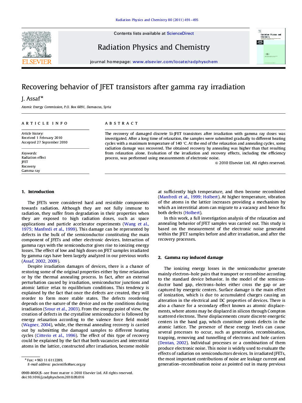 Recovering behavior of JFET transistors after gamma ray irradiation