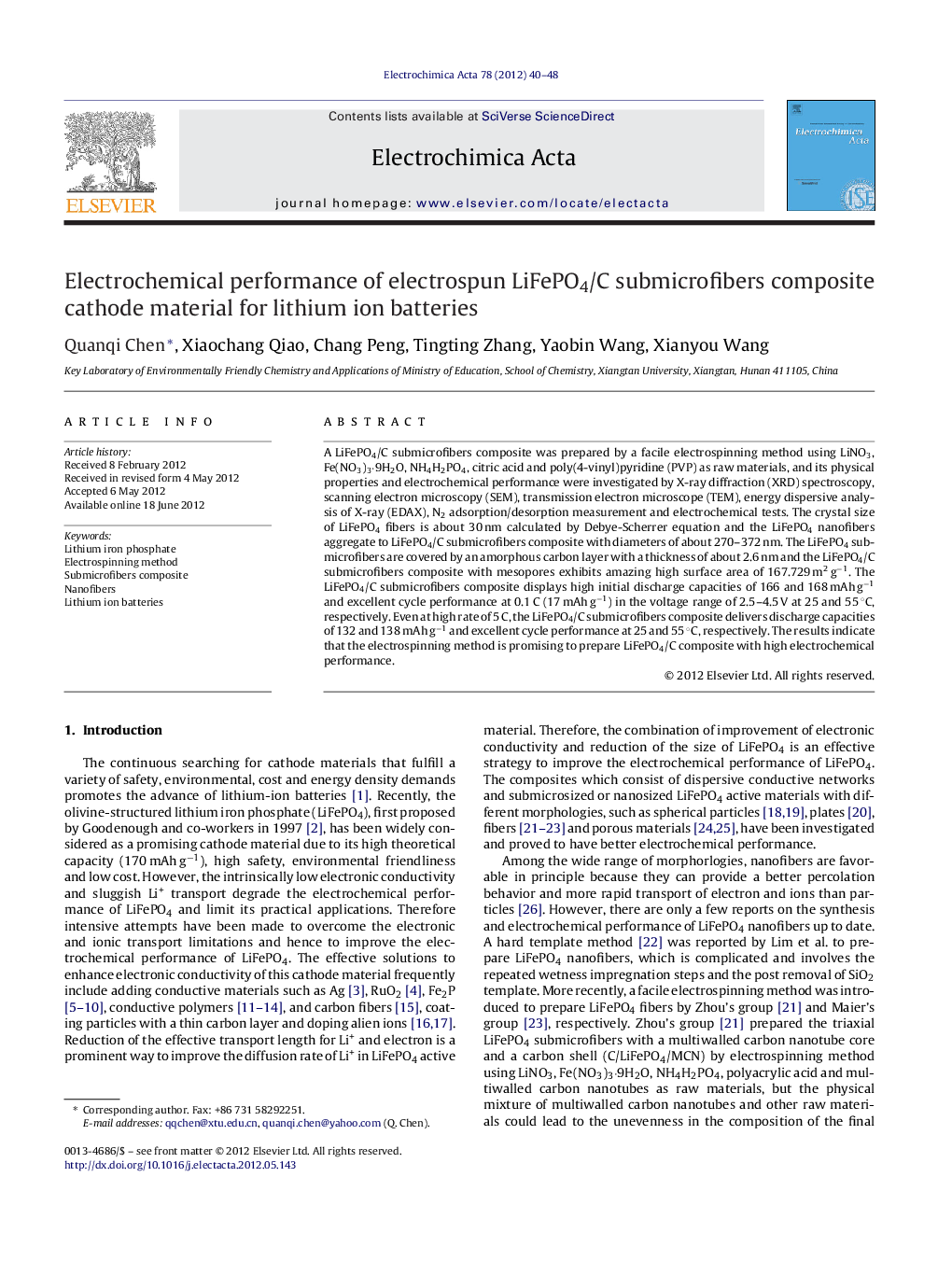 Electrochemical performance of electrospun LiFePO4/C submicrofibers composite cathode material for lithium ion batteries