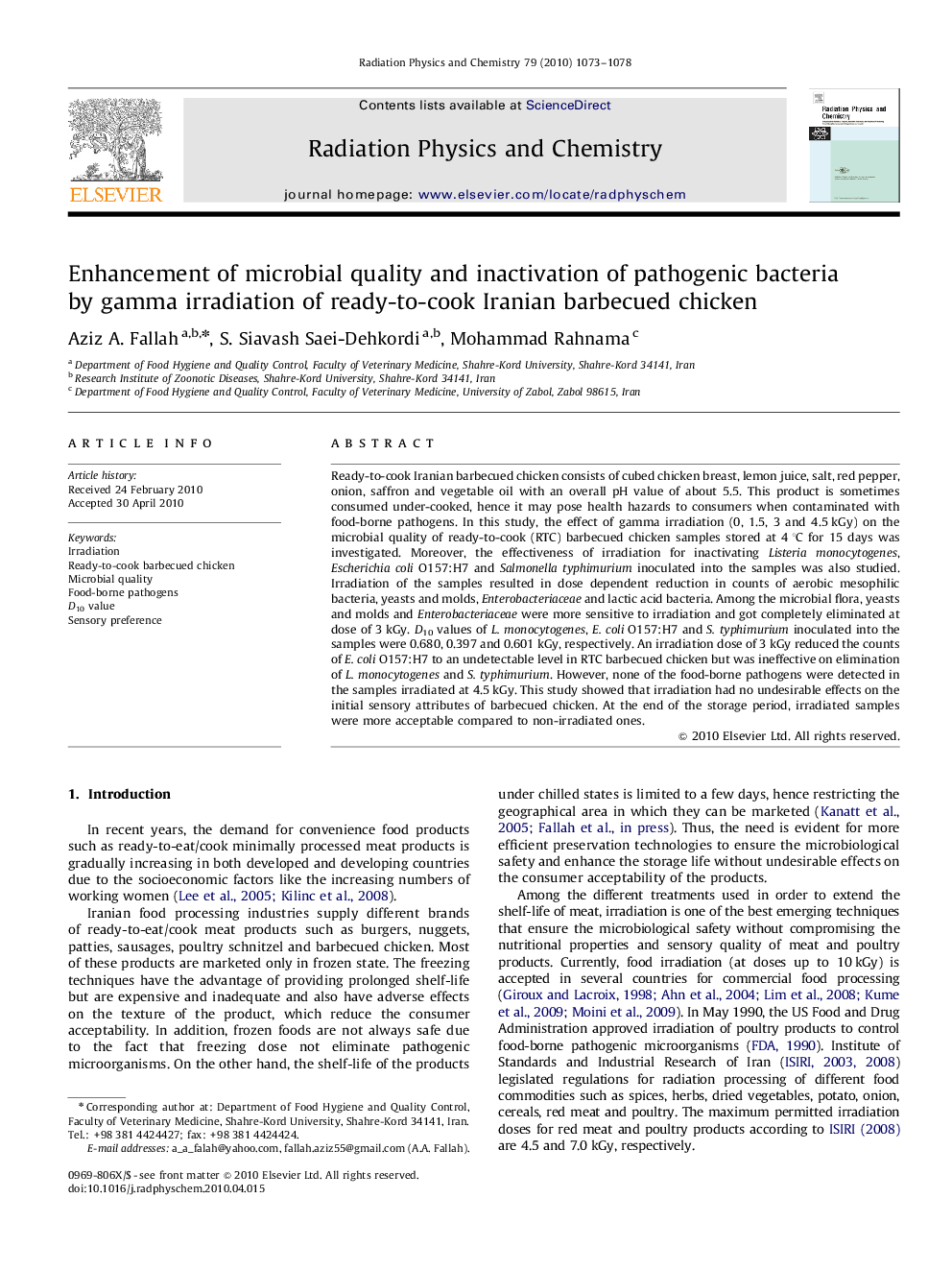 Enhancement of microbial quality and inactivation of pathogenic bacteria by gamma irradiation of ready-to-cook Iranian barbecued chicken