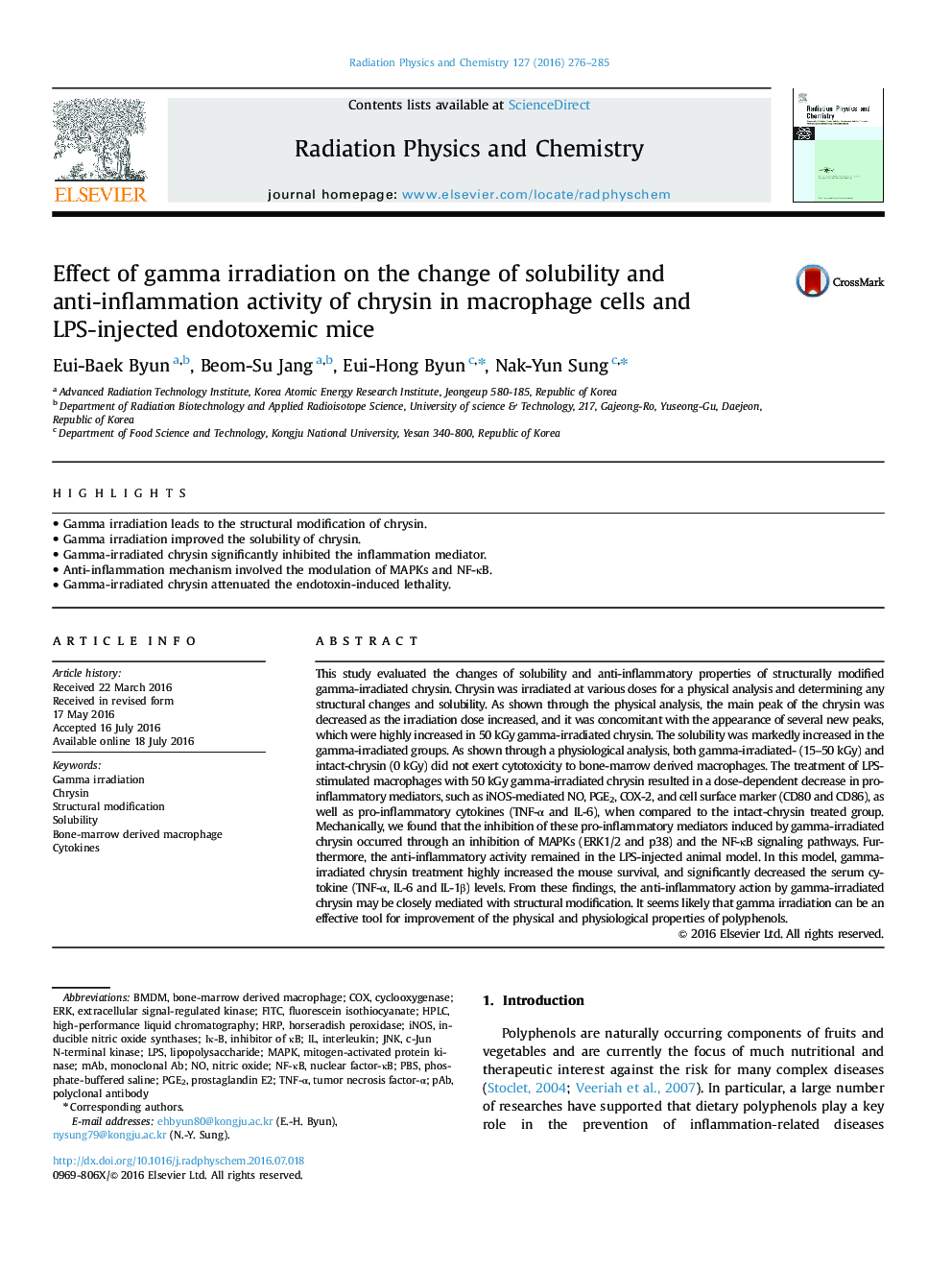 Effect of gamma irradiation on the change of solubility and anti-inflammation activity of chrysin in macrophage cells and LPS-injected endotoxemic mice