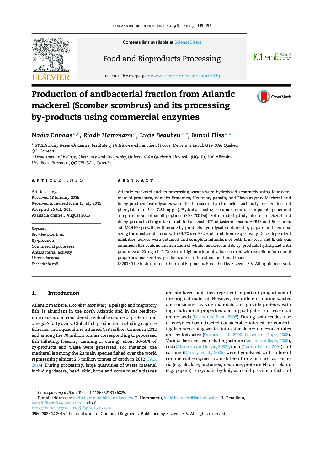 Production of antibacterial fraction from Atlantic mackerel (Scomber scombrus) and its processing by-products using commercial enzymes