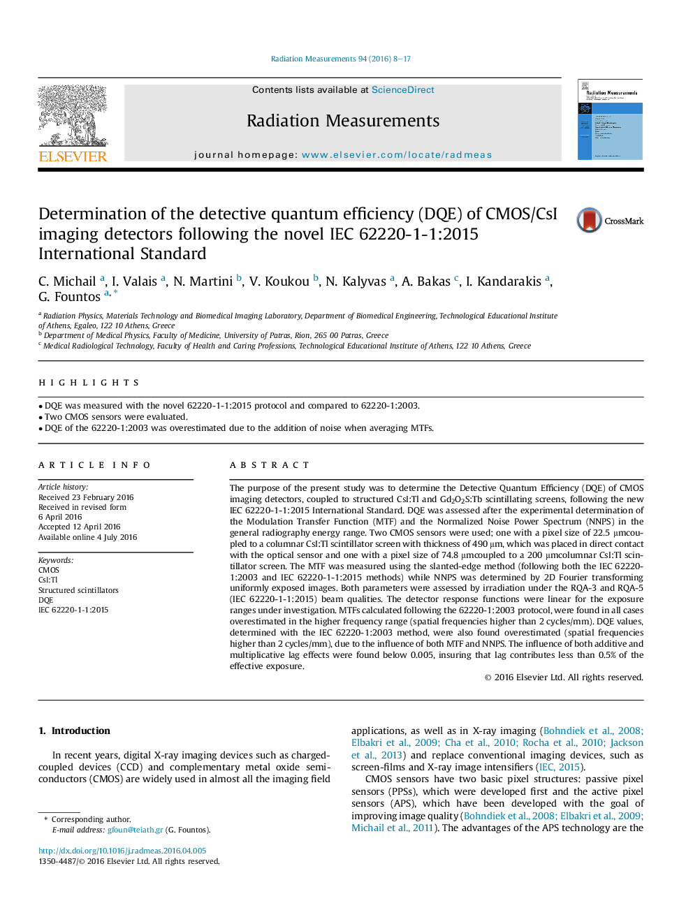 Determination of the detective quantum efficiency (DQE) of CMOS/CsI imaging detectors following the novel IEC 62220-1-1:2015 International Standard