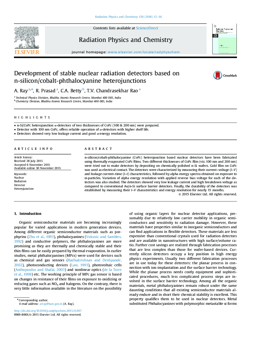 Development of stable nuclear radiation detectors based on n-silicon/cobalt-phthalocyanine heterojunctions