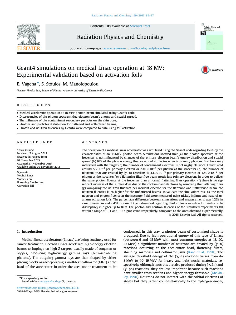 Geant4 simulations on medical Linac operation at 18 MV: Experimental validation based on activation foils