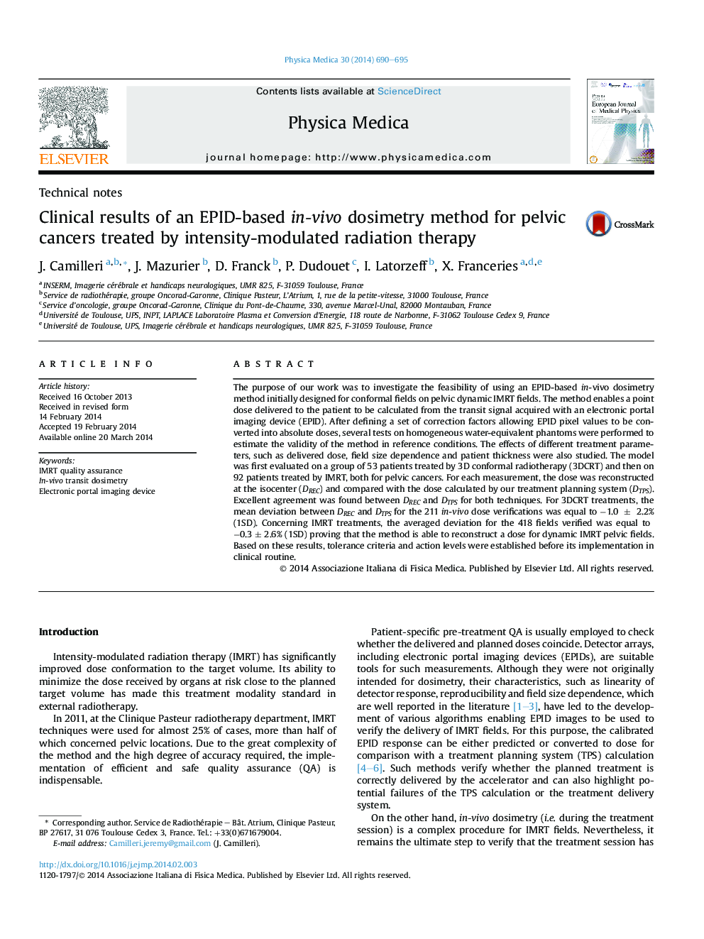 Clinical results of an EPID-based in-vivo dosimetry method for pelvic cancers treated by intensity-modulated radiation therapy