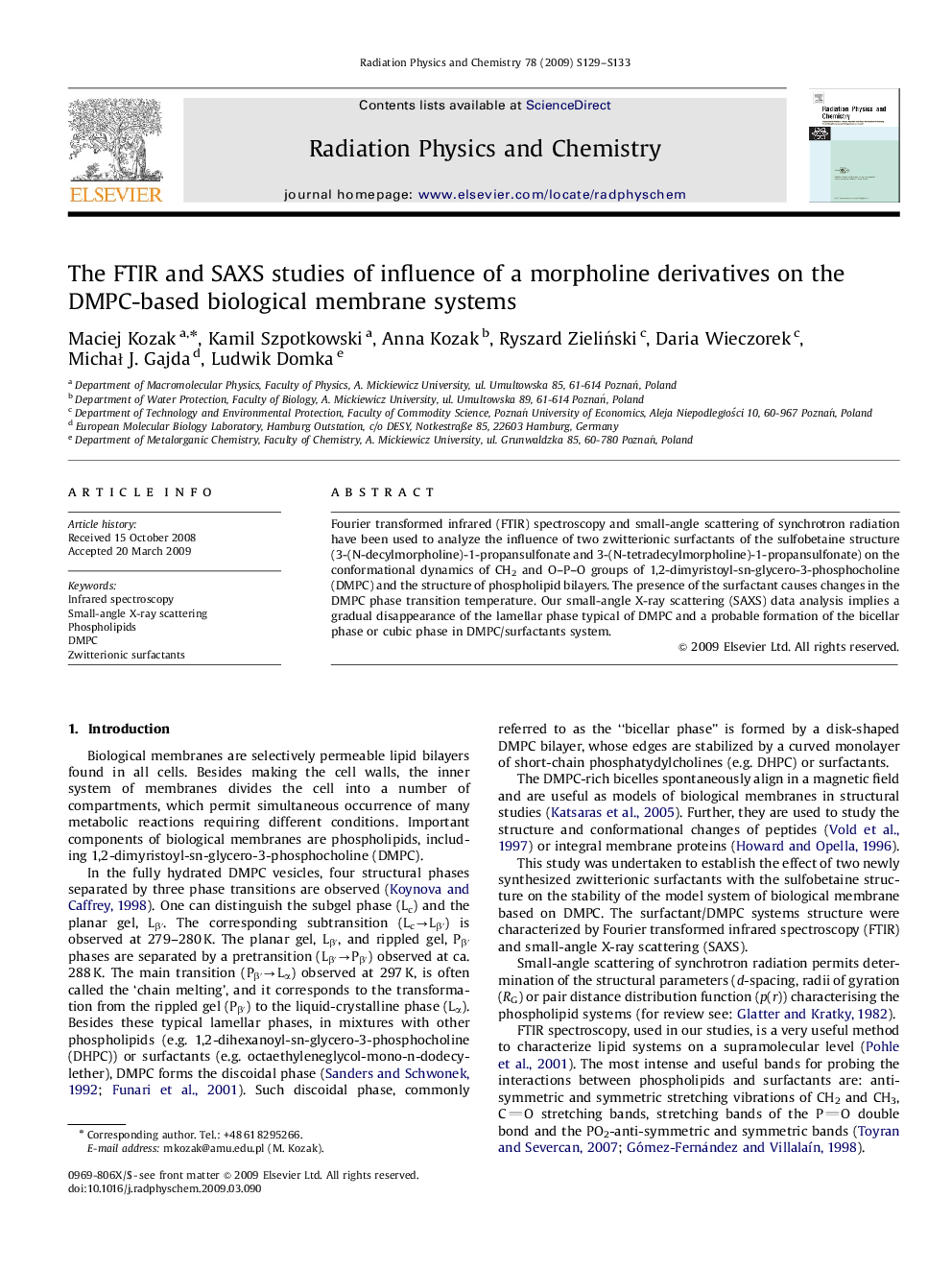 The FTIR and SAXS studies of influence of a morpholine derivatives on the DMPC-based biological membrane systems