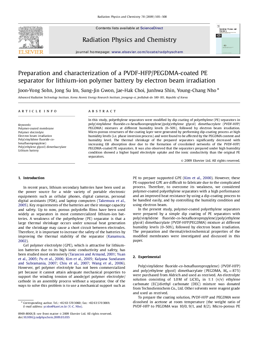 Preparation and characterization of a PVDF-HFP/PEGDMA-coated PE separator for lithium-ion polymer battery by electron beam irradiation