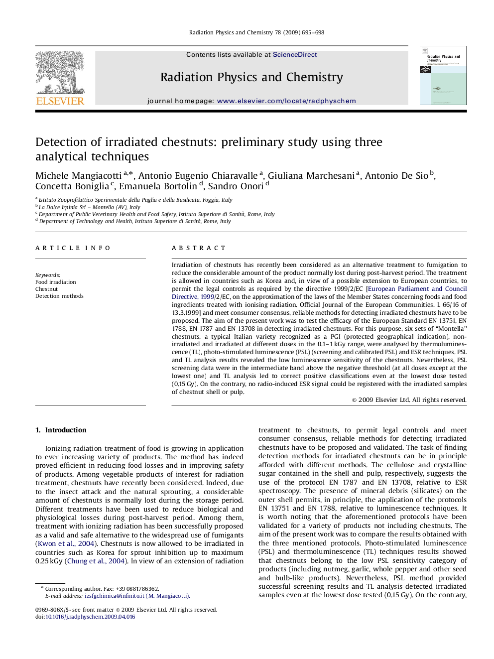 Detection of irradiated chestnuts: preliminary study using three analytical techniques