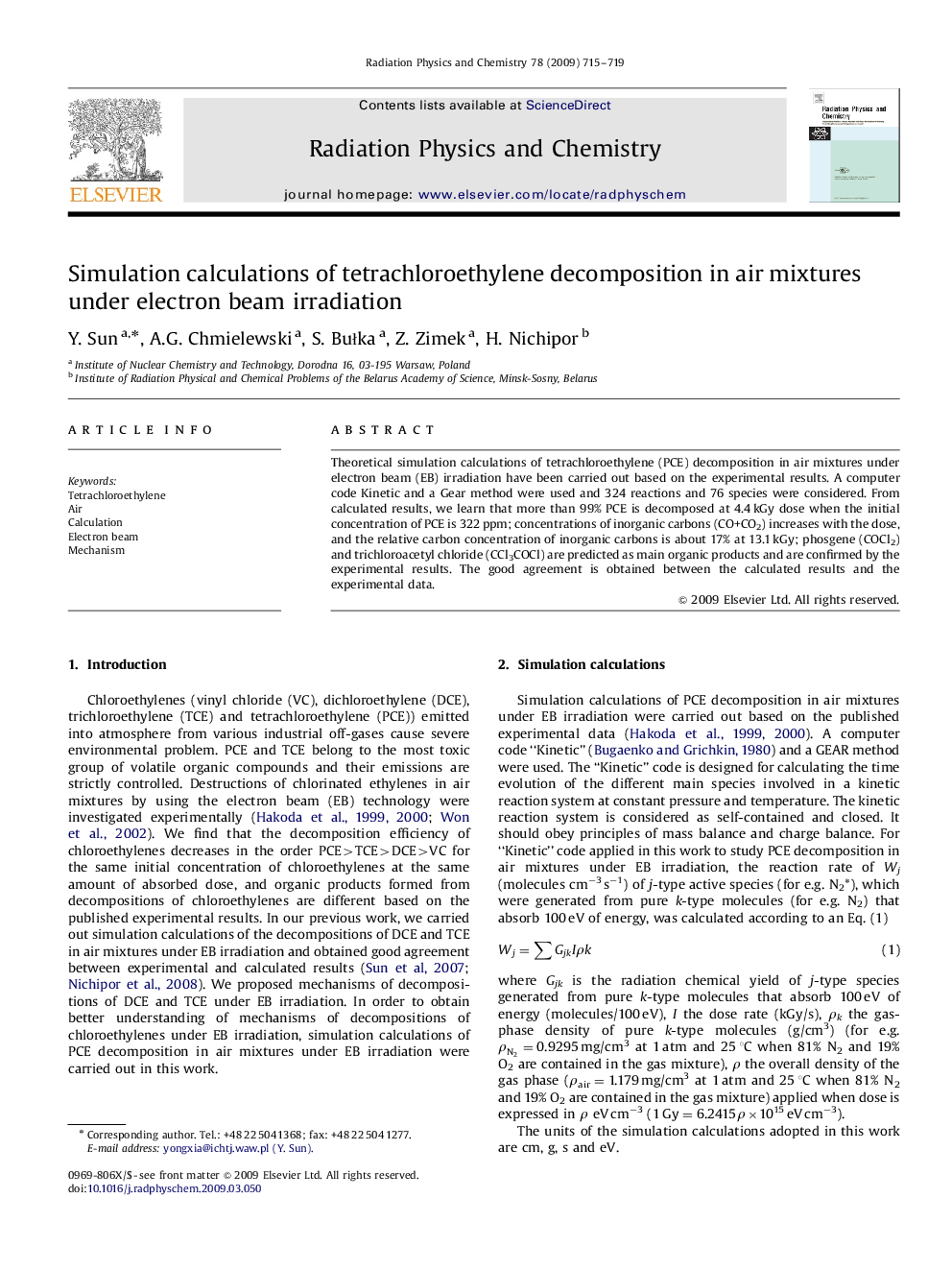 Simulation calculations of tetrachloroethylene decomposition in air mixtures under electron beam irradiation